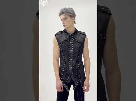 Gothic punk sleeveless lace-up shirt three-quarter angle showing corset-style front lacing design