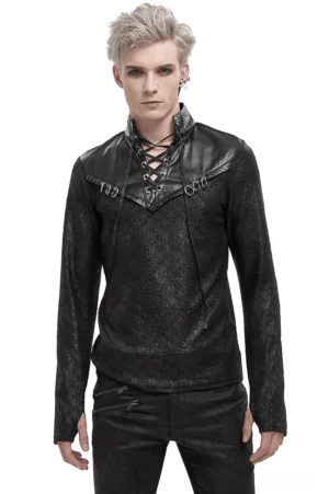 Black gothic stand collar lace-up sweatshirt with metal rings front view worn by male model
