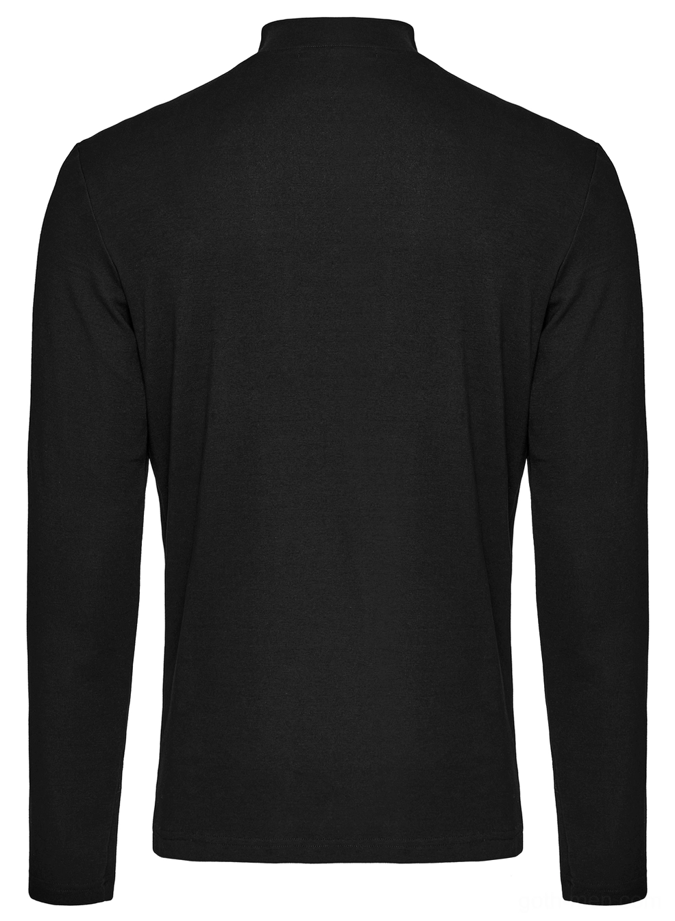 Back flat lay detail of men's gothic long sleeve top displaying clean unadorned back panel and stand collar construction