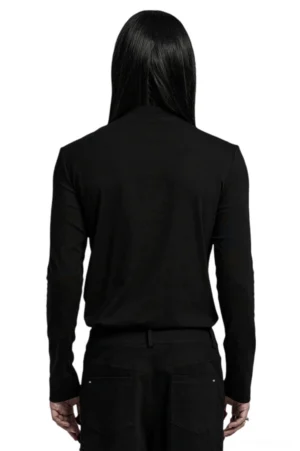 Back view of men's gothic long sleeve top showing clean unadorned black design with fitted tailored cut and stand collar