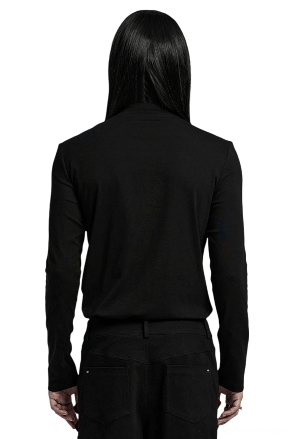 Back view of men's gothic long sleeve top showing clean unadorned black design with fitted tailored cut and stand collar