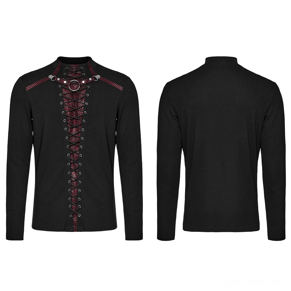 Flat lay front and back view of men's gothic lace-up long sleeve top displaying contrast between decorative front lace-up mesh panel and plain back