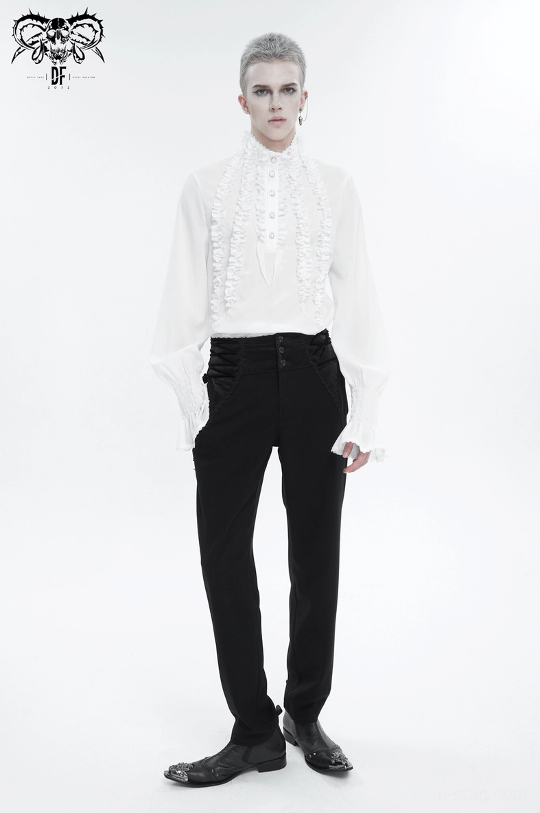 Black gothic trousers complete ensemble view highlighting ornate buckle, lace-up waist system, and fitted silhouette
