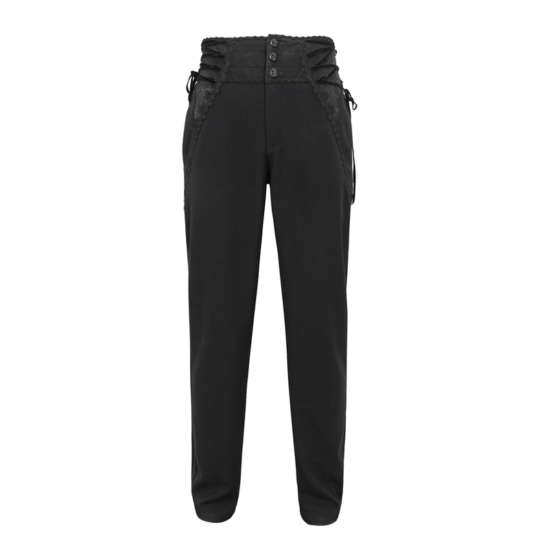 Black gothic trousers flat lay front display featuring ornate waist buckle and embroidered lace trim detailing
