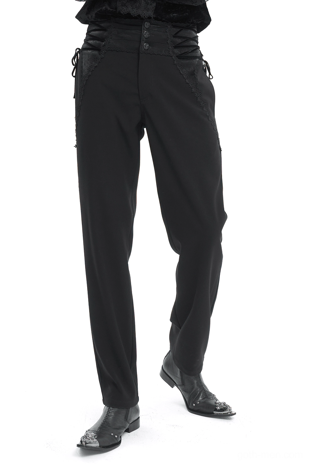 Black gothic high-waisted trousers with ornate patterned buttons and side lace-up waist detail, front three-quarter view on model
