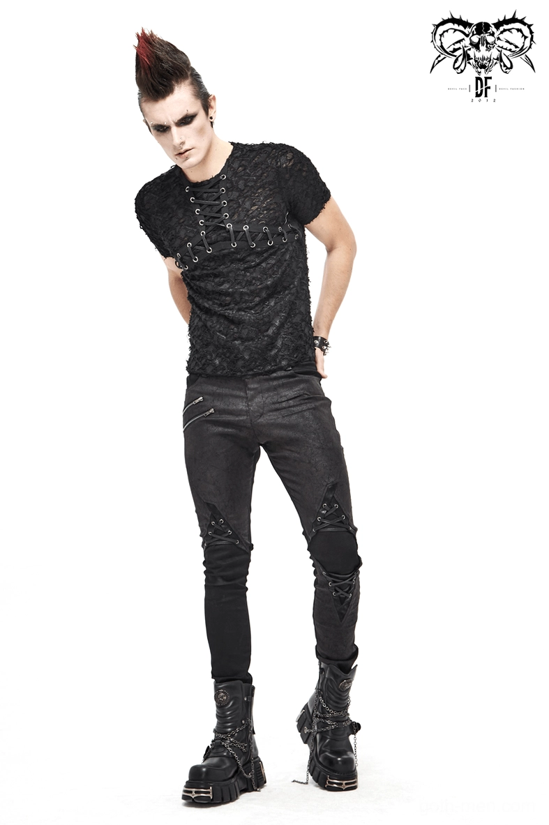 Detail shot of lace-up gothic men's t-shirt demonstrating craftsmanship and metal eyelet construction quality