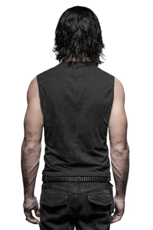 Black gothic corset vest rear view on model, showing solid back panel construction and structured silhouette with studded belt styling