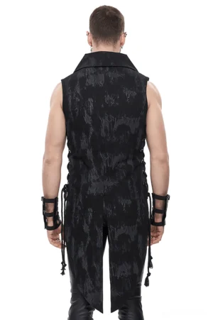 Black gothic waistcoat back view displaying extended tail hem, side lace-up detailing, and marbled fabric texture
