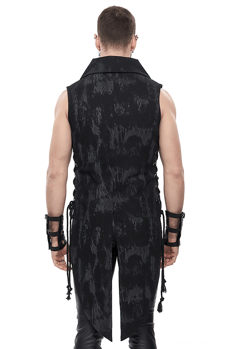 Black gothic waistcoat back view displaying extended tail hem, side lace-up detailing, and marbled fabric texture