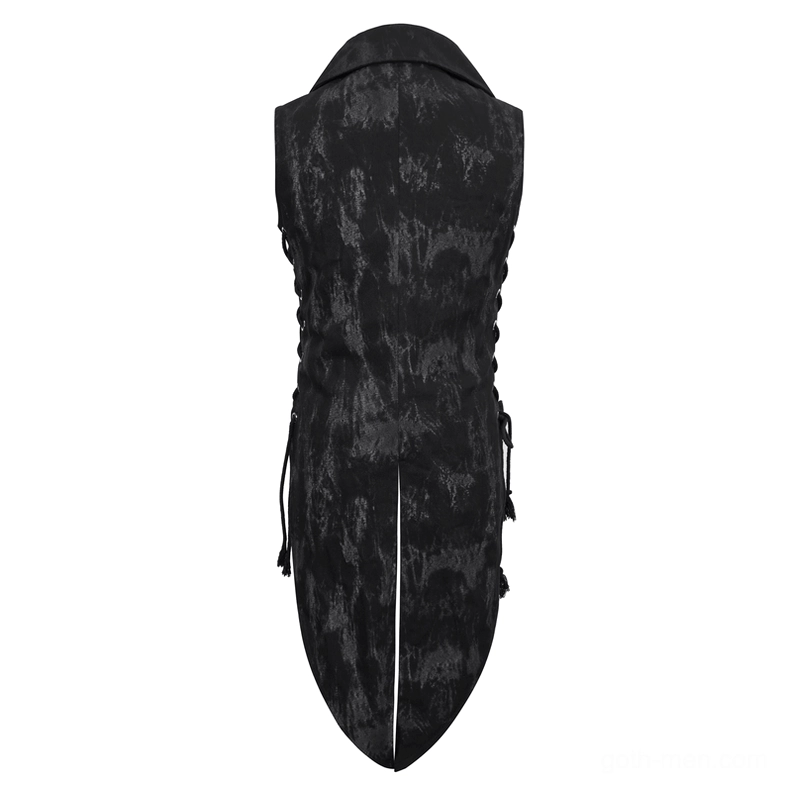 Black gothic waistcoat flat lay back view showing marbled cotton twill fabric and side lace-up construction details