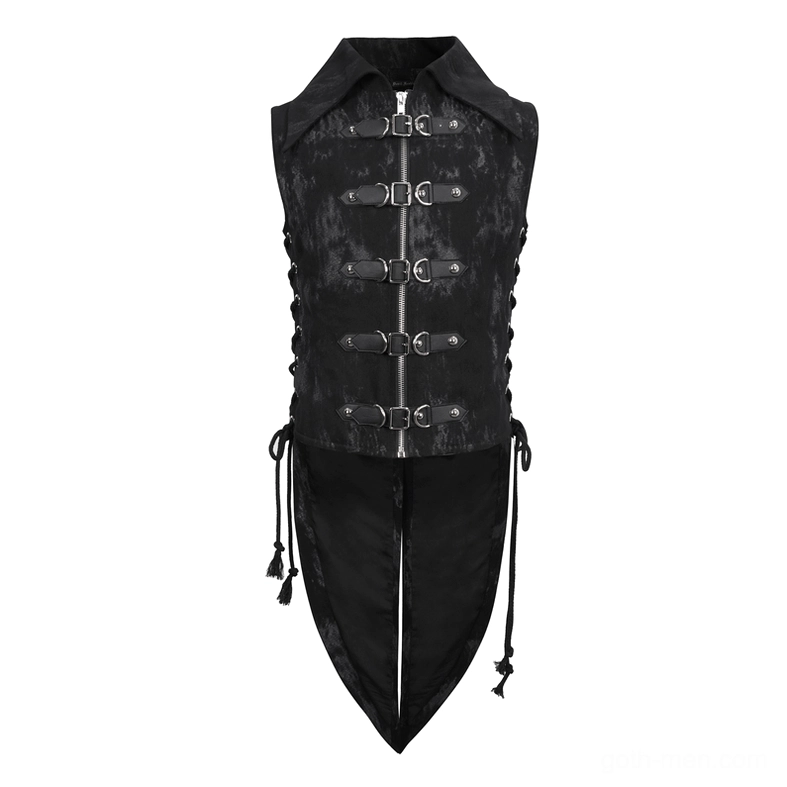 Black gothic lace-up waistcoat flat lay front view with metal zipper, buckle straps, and pointed tail design