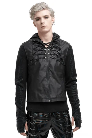 Front view of black gothic punk lace-up waistcoat on male model with stand collar and front zipper detail