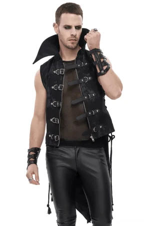 Black gothic lace-up waistcoat front oblique view showcasing metal buckles, side lacing, and asymmetrical tail hem on male model