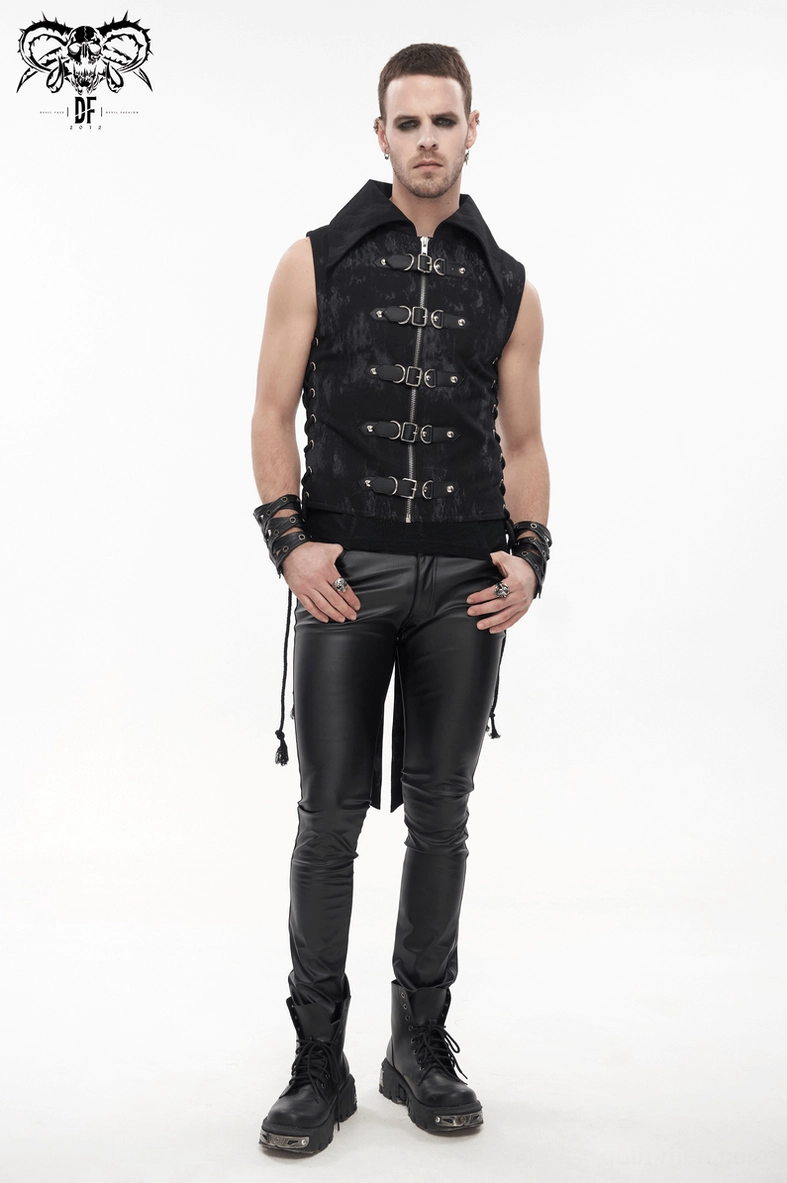 Black gothic lace-up waistcoat detail showcase highlighting punk rock aesthetic with asymmetrical tail and metal embellishments