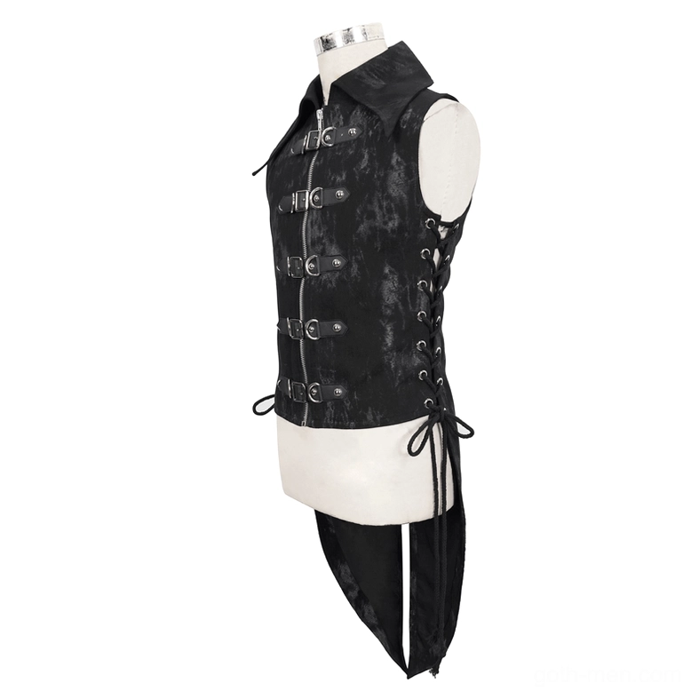 Black gothic lace-up waistcoat side view on mannequin displaying irregular hem, metal hardware, and fitted silhouette