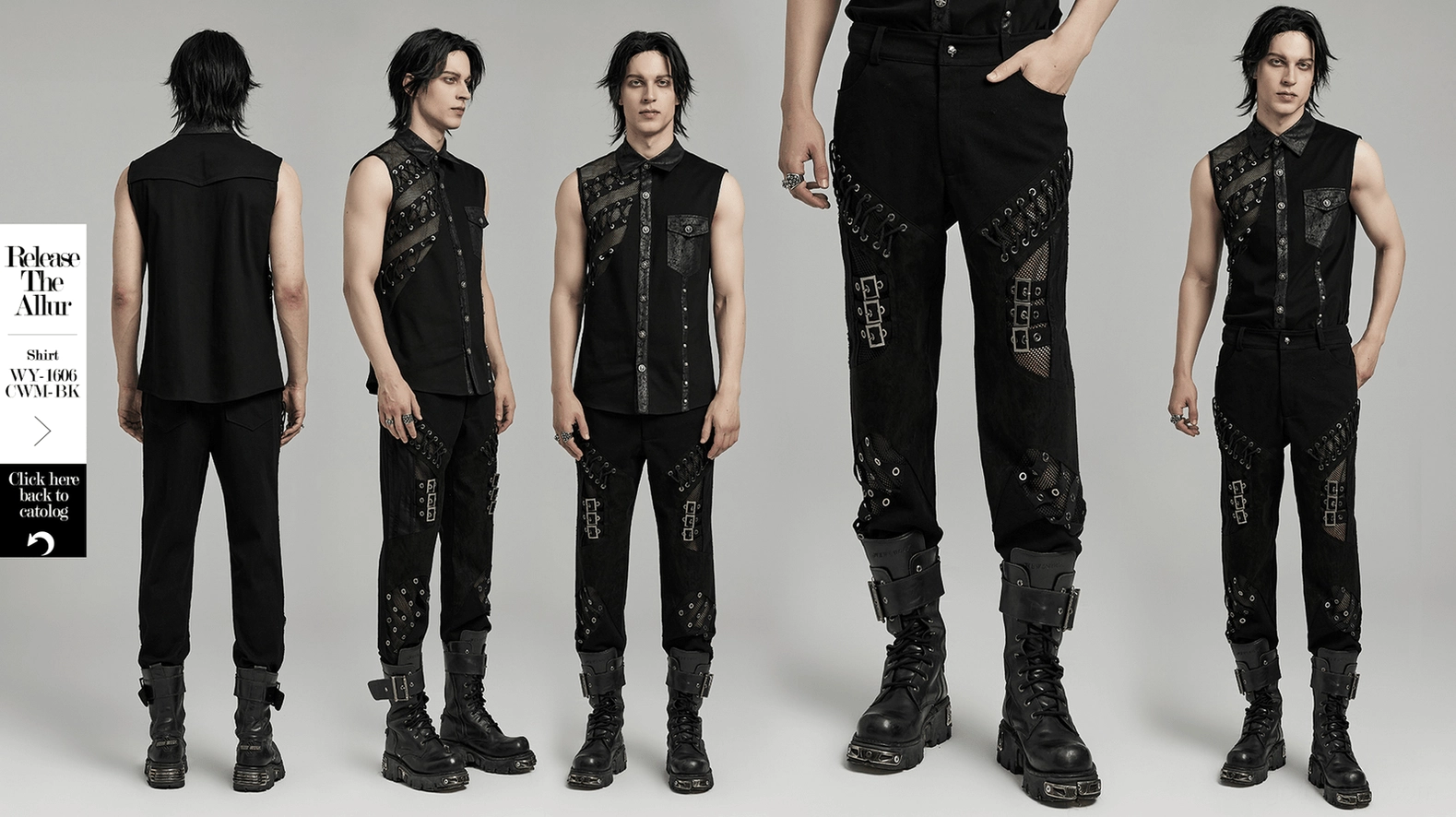 Gothic laced mesh eyelet black pants main product shot showing buckle and lace design