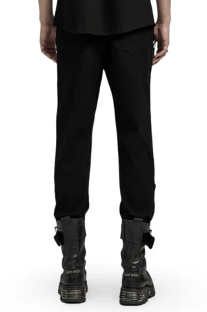 Punk gothic black pants rear view showing plain back waist and straight leg silhouette