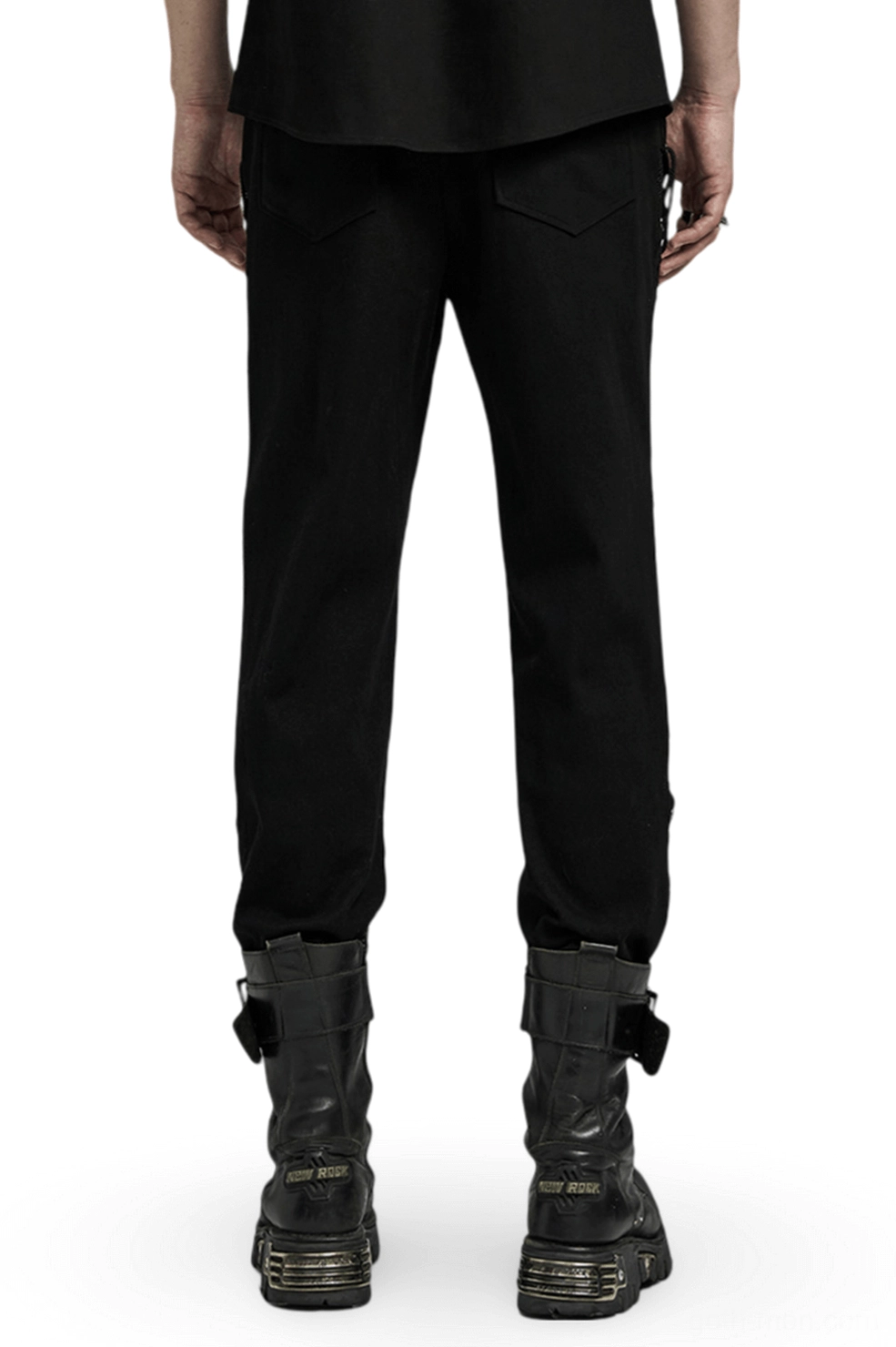 Punk gothic black pants rear view showing plain back waist and straight leg silhouette