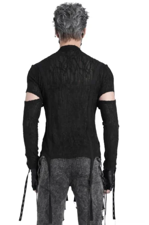 Black gothic mesh tank top with grommet lacing and arm cutouts - back view showing sheer cracked texture