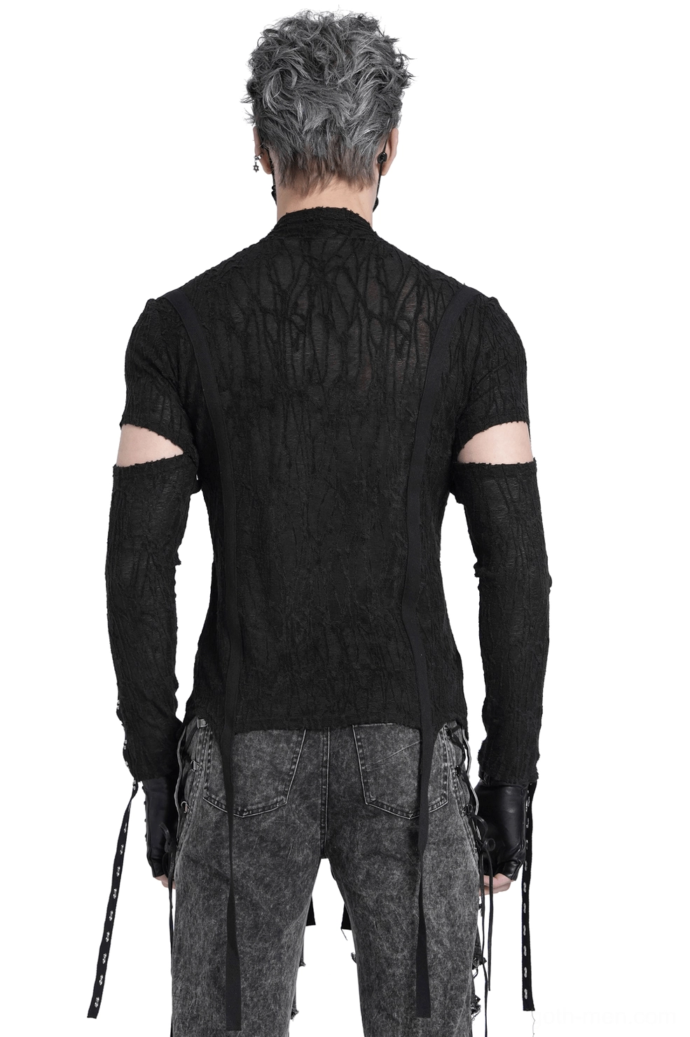 Black gothic mesh tank top with grommet lacing and arm cutouts - back view showing sheer cracked texture