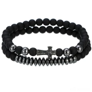 Black gunmetal gothic lava stone beaded bracelet with cross pendant alternative fashion jewelry