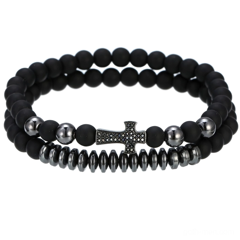 Black gunmetal gothic lava stone beaded bracelet with cross pendant alternative fashion jewelry