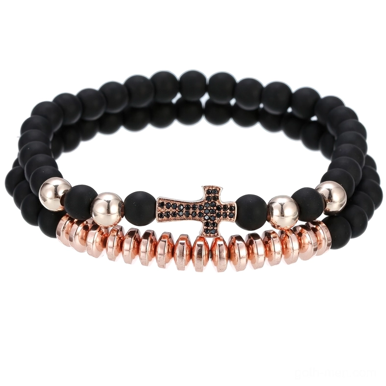 Rose gold gothic lava stone cross beaded bracelet unisex alternative accessory