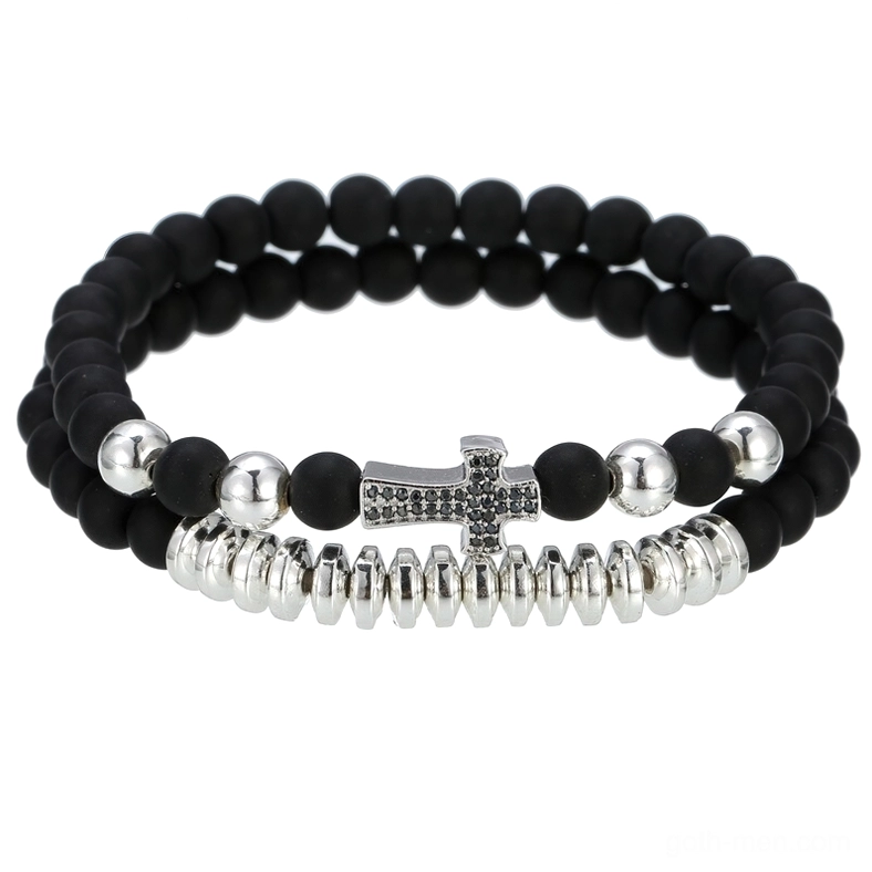 Silver-tone gothic lava stone beaded cross bracelet men's alternative jewelry