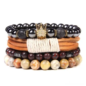Gothic multi-layer charm bracelet set with natural stone beads, vintage leather straps, gold zircon crown accents, and woven cotton wraps - dark aesthetic jewelry for goth style
