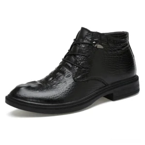 Men's black gothic ankle boots with embossed crocodile leather texture, side front view showing lace-up closure with metal fasteners
