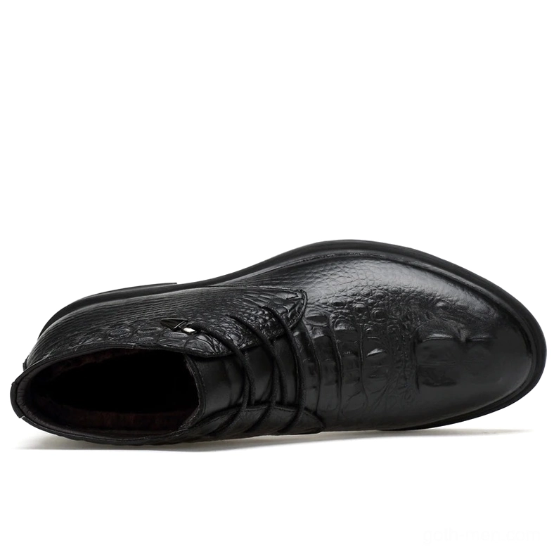 Men's black gothic leather ankle boots full front view with round toe and lace-up design on white background