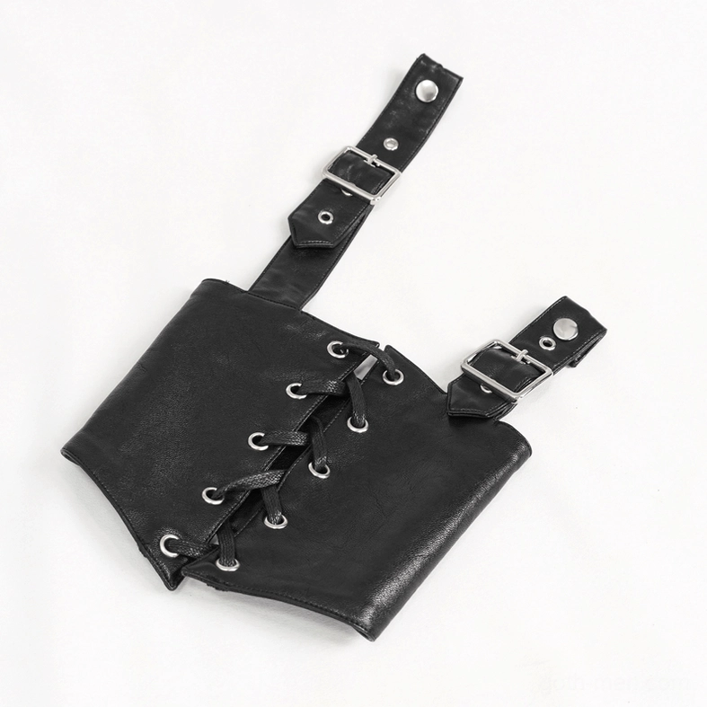Close-up detail of removable synthetic leather arm harness with lace-up fasteners and adjustable metal buckles