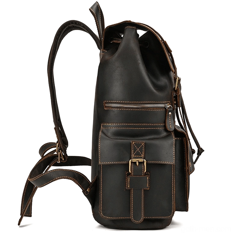 Gothic aesthetic leather backpack with adjustable shoulder strap details and padding