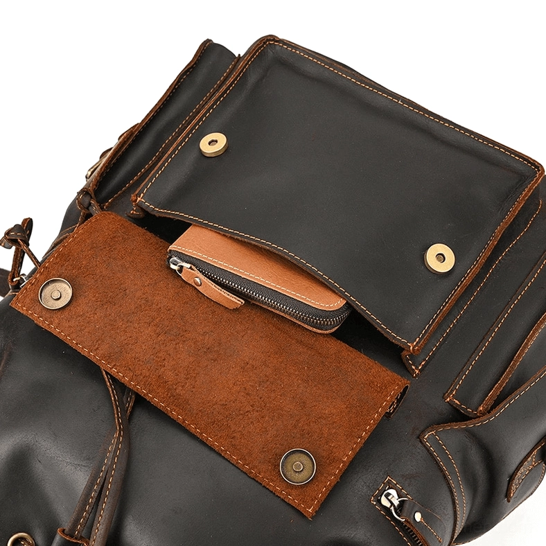 Genuine leather gothic backpack showing adjustable strap range for different body types