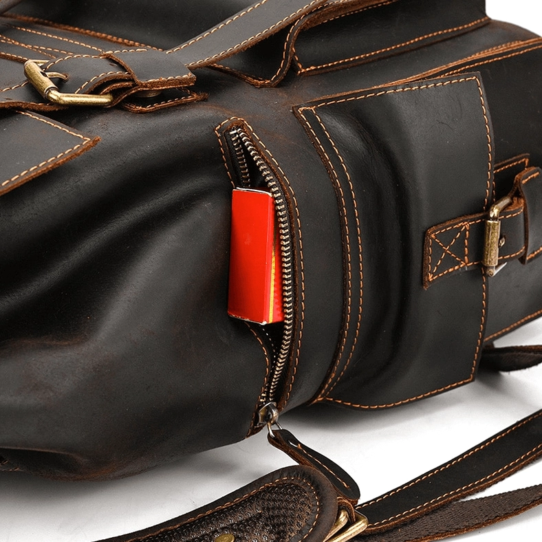 Gothic aesthetic leather backpack with breathable back panel and comfort padding details