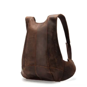 Gothic genuine leather women's backpack rear three-quarter view dark brown distressed leather paneled stitching design