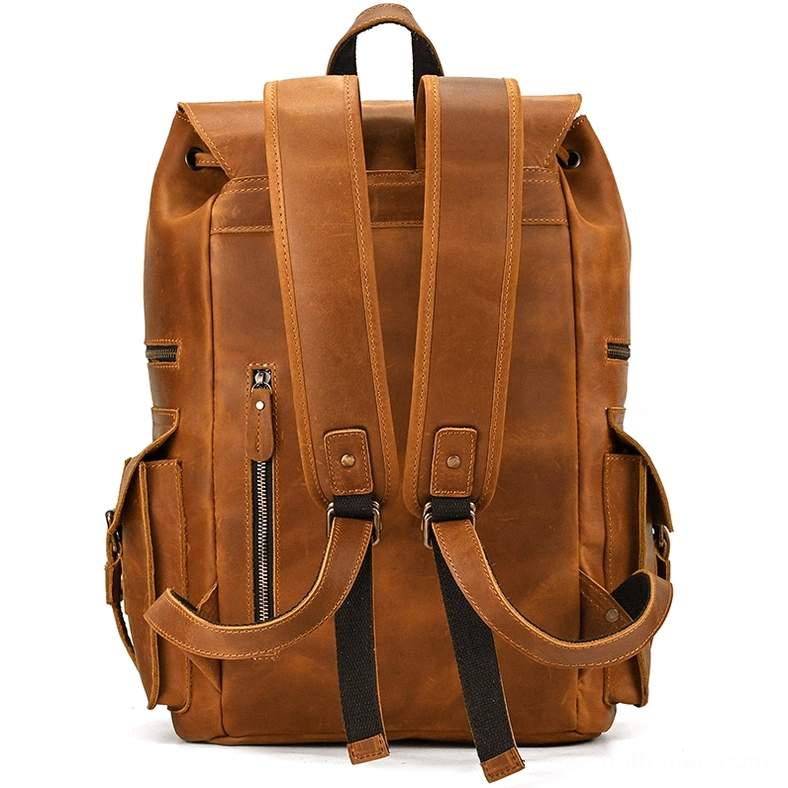 Premium genuine leather gothic backpack detail shot showing contrast stitching and buckle hardware