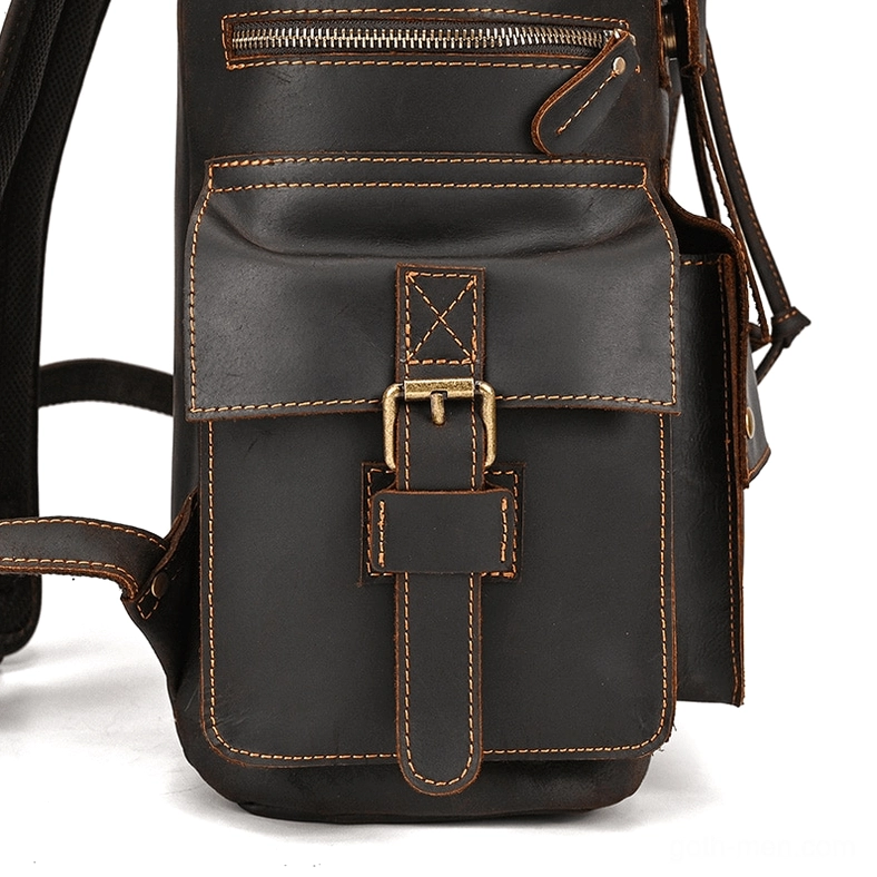 Premium gothic leather backpack flap design with multiple security fastening points