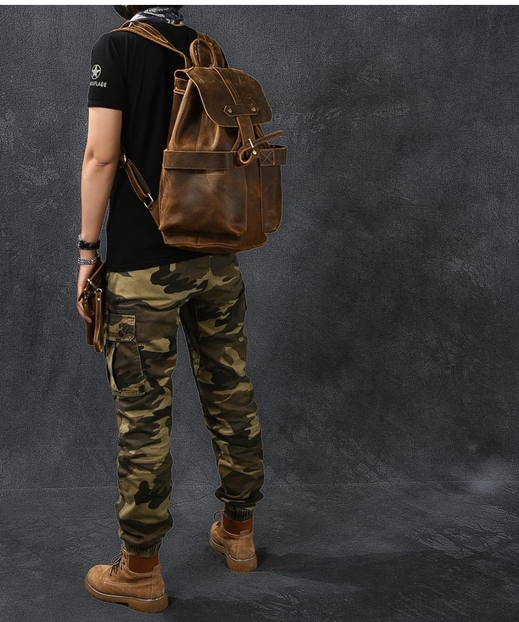 Genuine oil-treated leather gothic backpack detail shot showing brass hardware and vintage patina finish