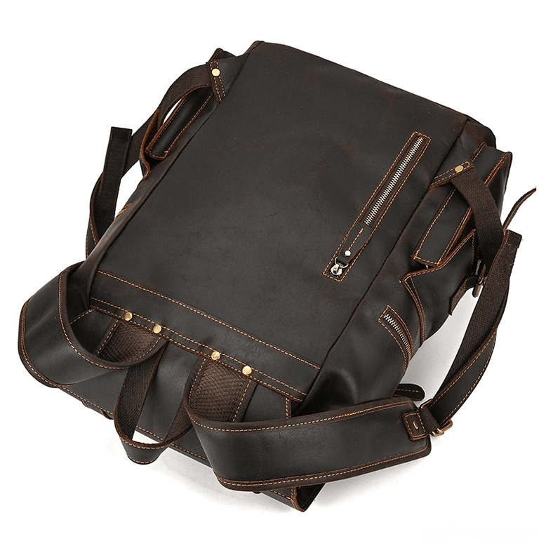 Premium genuine leather gothic backpack - laptop capacity demonstration angle