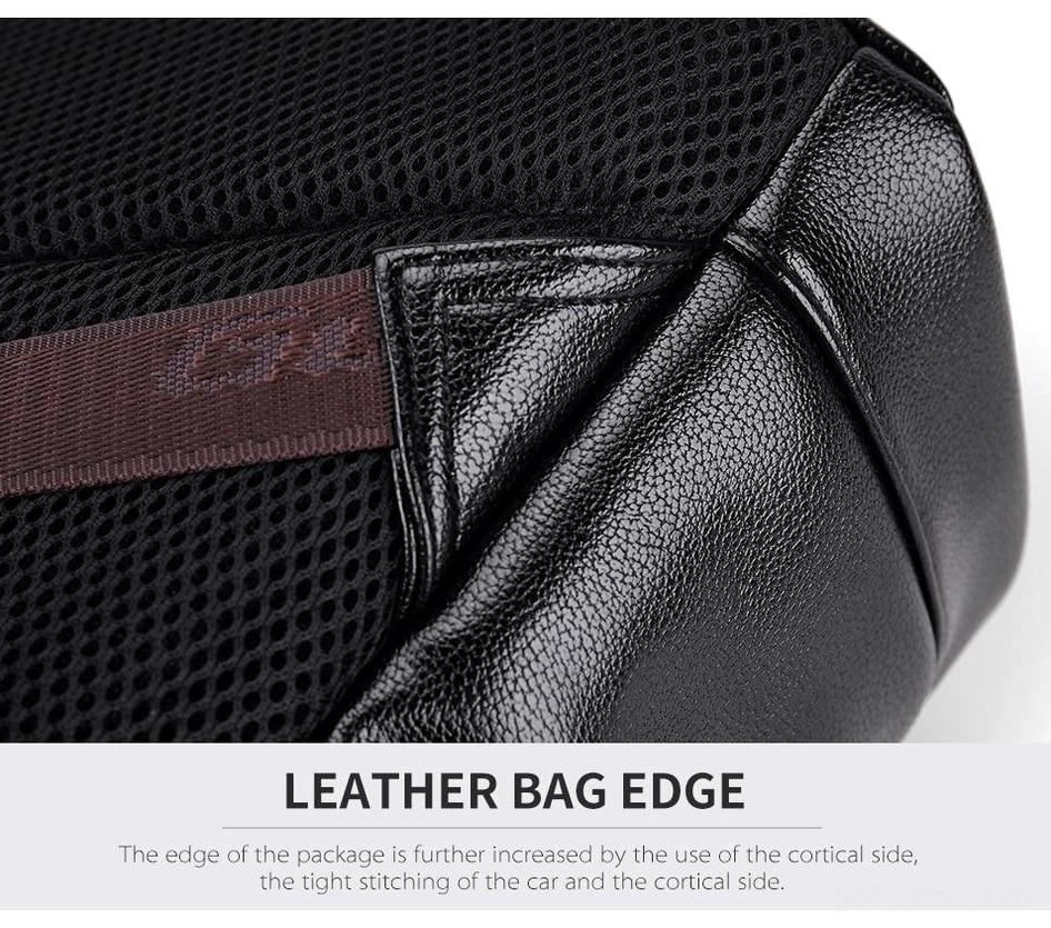 Gothic backpack reinforced edge stitching and mesh fabric trim detail, leather craftsmanship close-up view