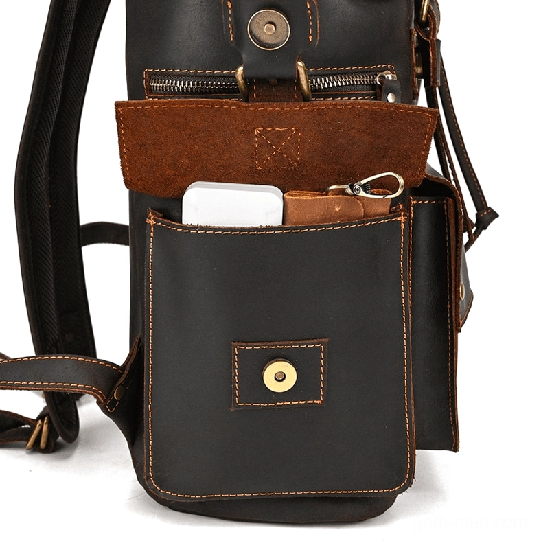 Genuine leather gothic backpack showing upper compartment organization and pocket access