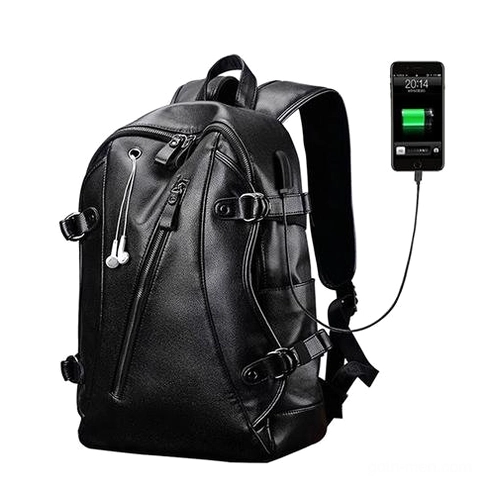 Gothic black leather backpack with external USB charging port and earphone outlet, front oblique view showing modern tech integration and premium PU leather construction
