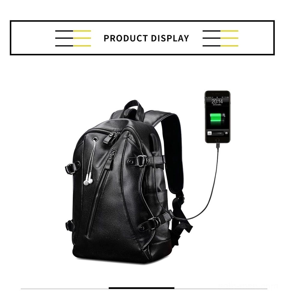 Black gothic leather backpack with exterior USB charging integration and professional carrying design for alternative lifestyle