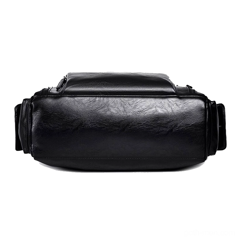 Black leather gothic messenger bag rear side view showing smooth leather finish and rectangular silhouette