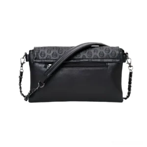 Rear view of black leather gothic shoulder bag showing exterior zipper pocket and chain strap hardware