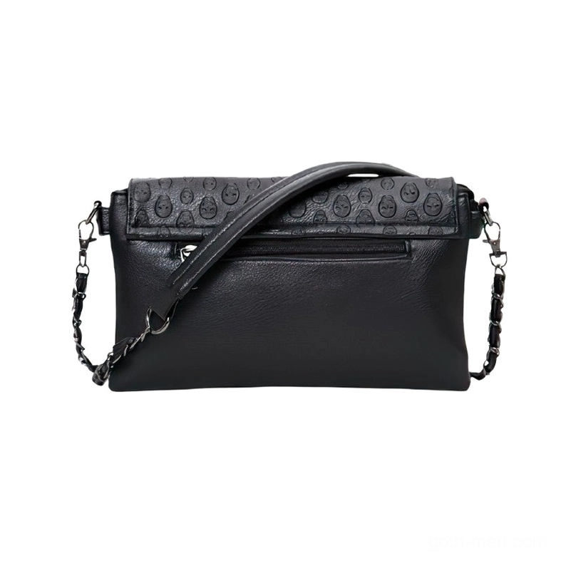 Rear view of black leather gothic shoulder bag showing exterior zipper pocket and chain strap hardware