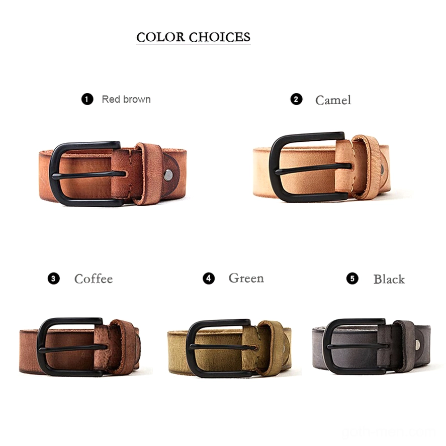 Five color options gothic leather belts lineup black camel coffee green red-brown matte buckles