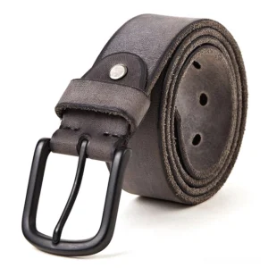 Black distressed genuine leather gothic belt with matte black pin buckle front view flat lay
