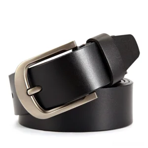 Black genuine cowhide gothic leather belt with matte silver metal buckle, 3/4 front view on white background